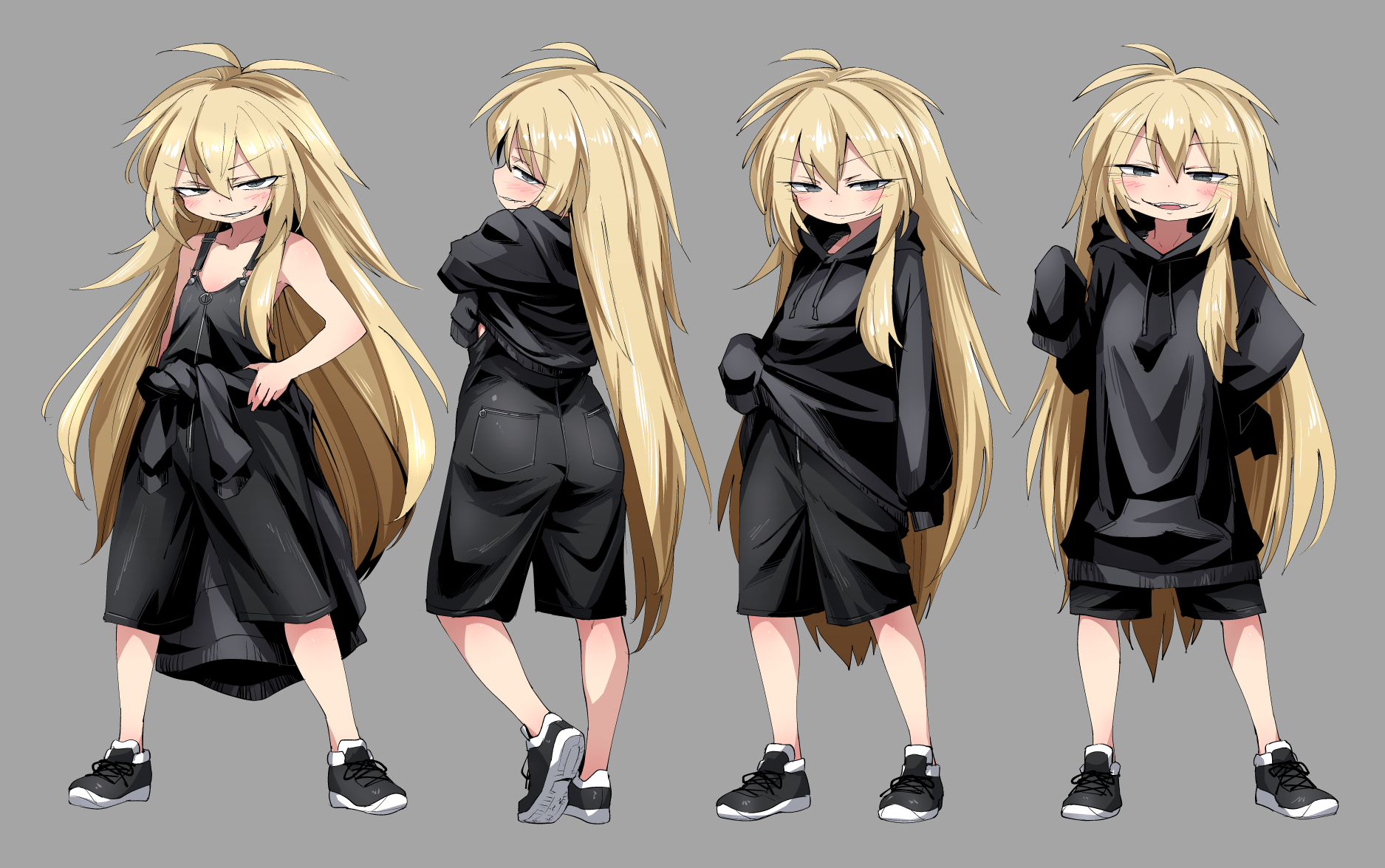 shimizu pem, original, commentary request, highres, 1girl, black eyes, black hoodie, black shoes, black shorts, black tank top, blonde hair, blush, full body, grey background, hood, hood down, hoodie, long hair, looking at viewer, multiple views, open mouth, shoes, shorts, simple background, sleeves past fingers, sleeves past wrists, smile, sneakers, tank top, very long hair