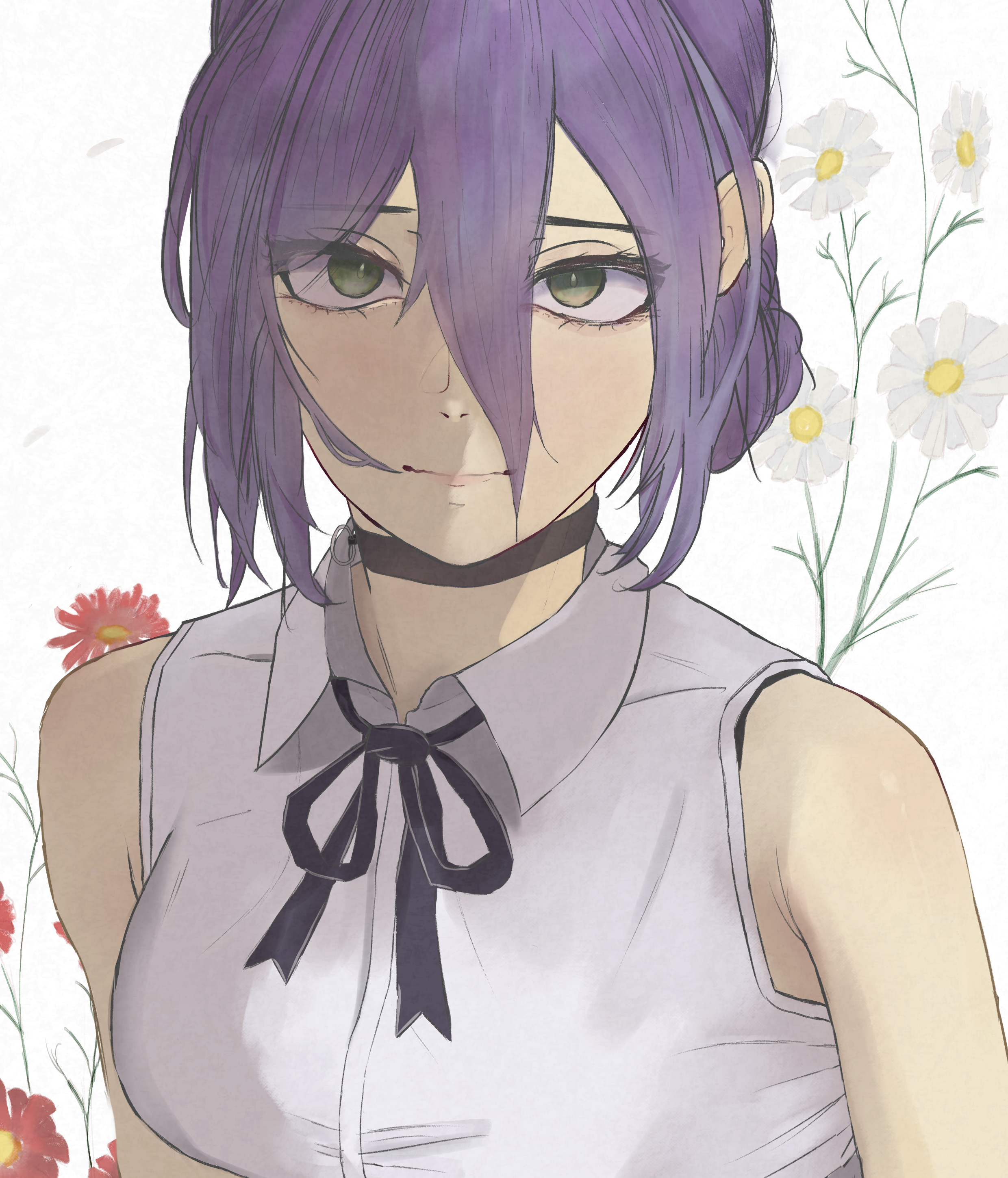 reze (chainsaw man), chainsaw man, absurdres, highres, 1girl, black choker, black ribbon, choker, closed mouth, collared shirt, flower, green eyes, grenade pin, grey shirt, hair between eyes, hair bun, looking at viewer, neck ribbon, purple hair, red flower, ribbon, shirt, sleeveless, sleeveless shirt, solo, white background, white flower, xmy (vppa5477)