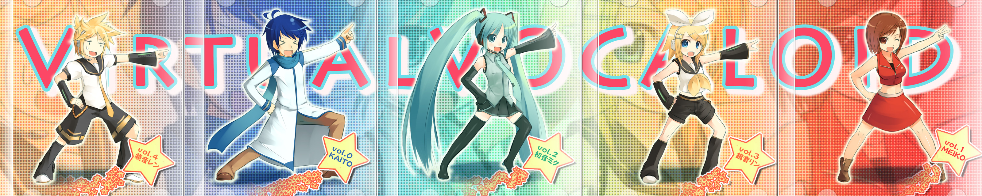 kakaon, hatsune miku, kagamine len, kagamine rin, kaito (vocaloid), meiko (vocaloid), hare hare yukai, vocaloid, absurdres, bad id, bad pixiv id, highres, long image, wide image, > <, 2boys, 3girls, closed eyes, multiple boys, multiple girls, one eye closed, parody, thighhighs, wink