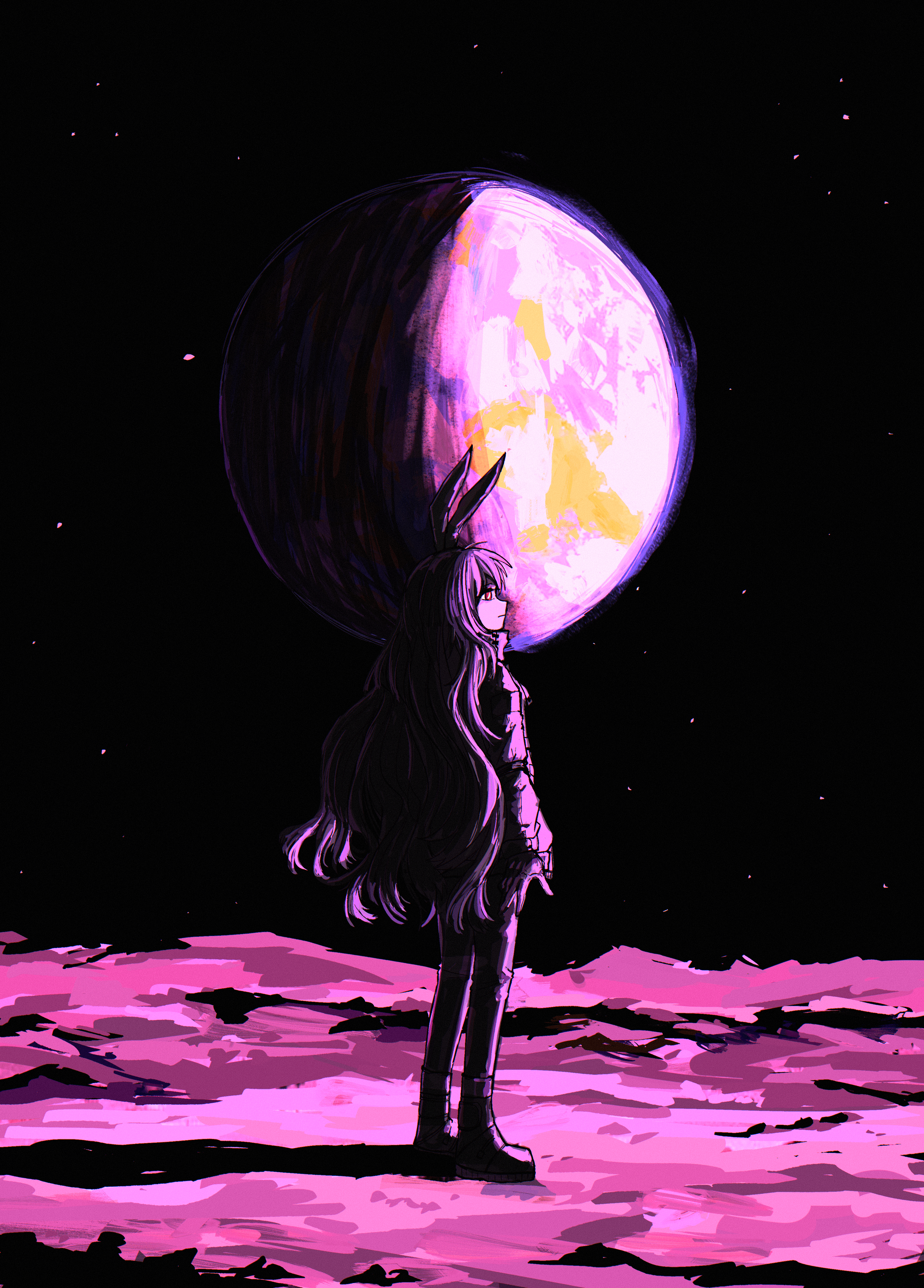 stunionjy, reisen udongein inaba, touhou, absurdres, commentary request, highres, 1girl, alternate costume, animal ears, boots, closed mouth, earth (planet), gloves, jacket, long hair, long sleeves, on moon, pants, pink theme, planet, rabbit ears, rabbit girl, red eyes, shadow, solo, star (sky), very long hair