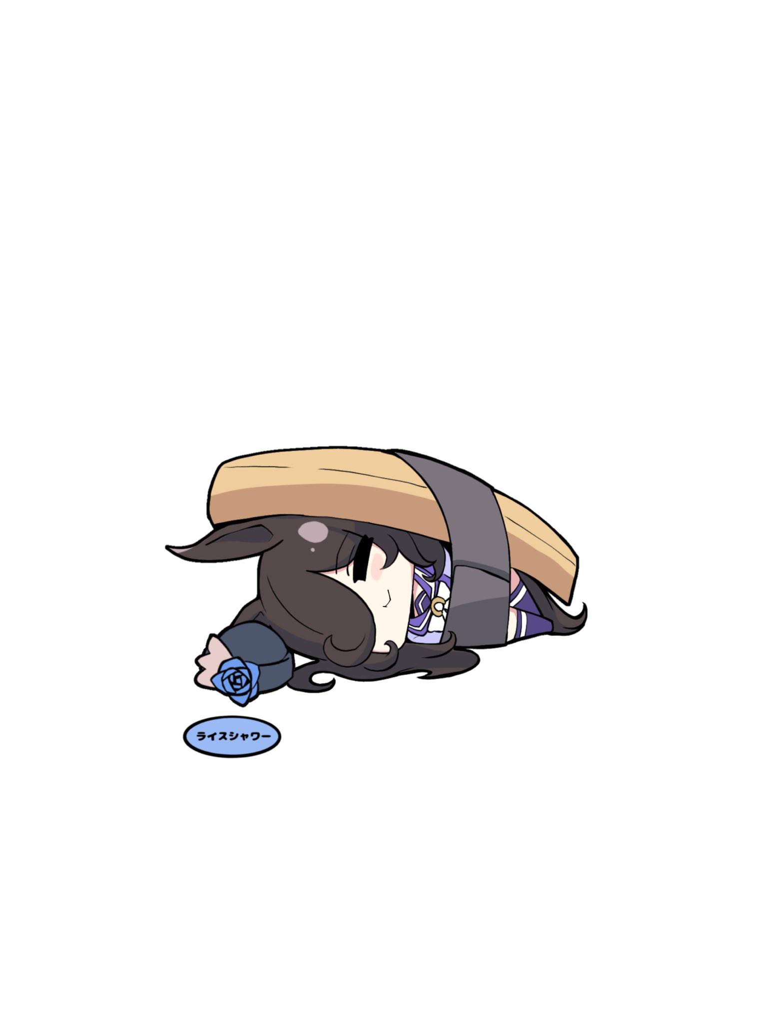 kawamochi (tddm3573), rice shower (umamusume), umamusume, highres, translation request, 1girl, animal ears, black hat, blue flower, blue rose, bow, brown hair, character name, chibi, closed eyes, closed mouth, flower, food, hair over one eye, hat, hat flower, horse ears, horse girl, horse tail, long hair, lying, on side, purple shirt, purple thighhighs, rose, school uniform, shirt, simple background, solo, tail, thighhighs, tracen school uniform, unworn hat, unworn headwear, white background, white bow