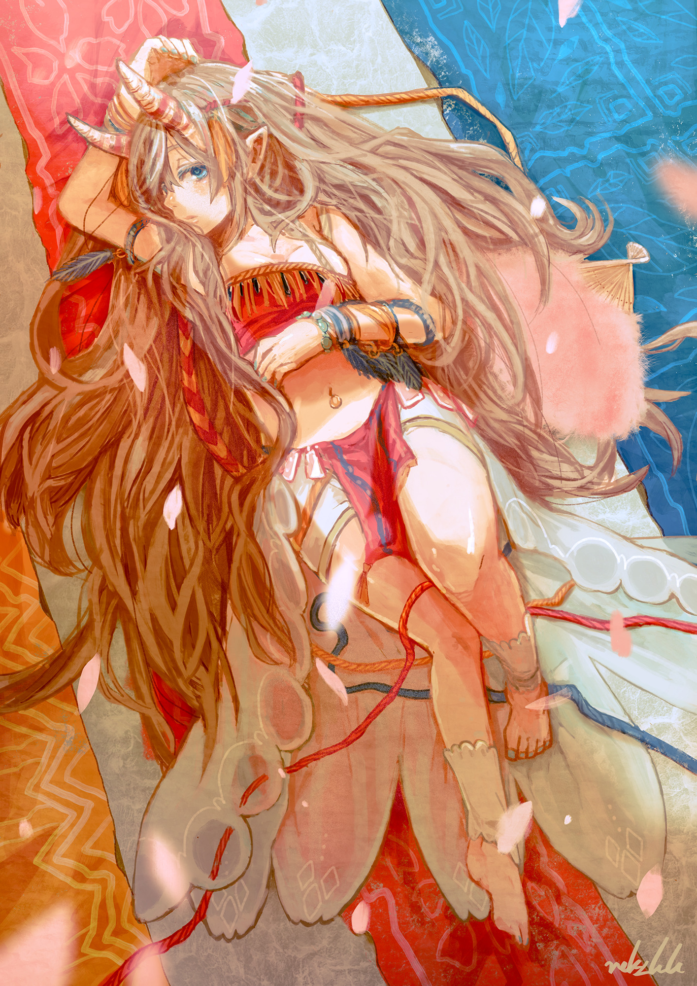 original, highres, 1girl, ankle garter, aqua nails, arm up, armlet, barefoot, blue eyes, bracelet, breasts, carpet, cleavage, closed mouth, colored eyelashes, crop top, crossed bangs, falling petals, from above, full body, hair over one eye, hair spread out, hand on own stomach, horns, jewelry, knee up, long hair, long skirt, looking at viewer, lying, medium breasts, midriff, multiple bracelets, nail polish, navel, navel piercing, on back, on floor, petals, piercing, pink petals, pointy ears, red horns, red loincloth, red tank top, sakai raku, showgirl skirt, sidelighting, signature, skirt, solo, striped horns, tank top, toenail polish, toenails, turning head, very long hair, white horns, white skirt