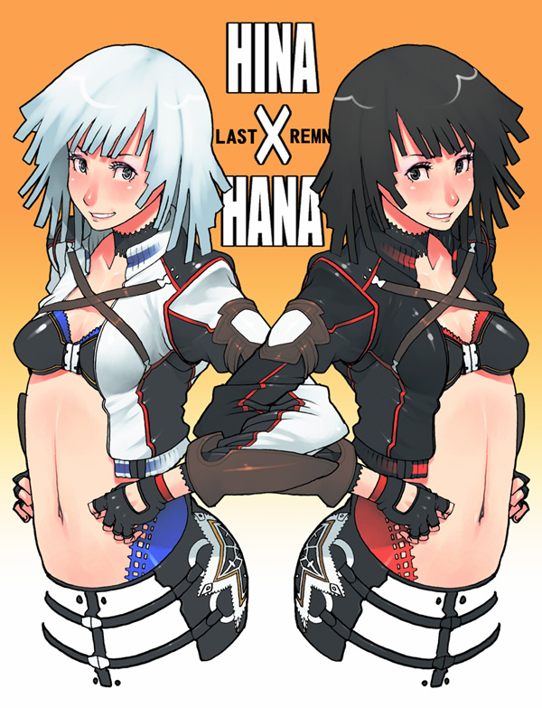 g-room honten, hana (last remnant), hannah (last remnant), hina (last remnant), hinnah (last remnant), the last remnant, black hair, blush, bra, fingerless gloves, gloves, lingerie, midriff, navel, siblings, twins, underwear, white hair