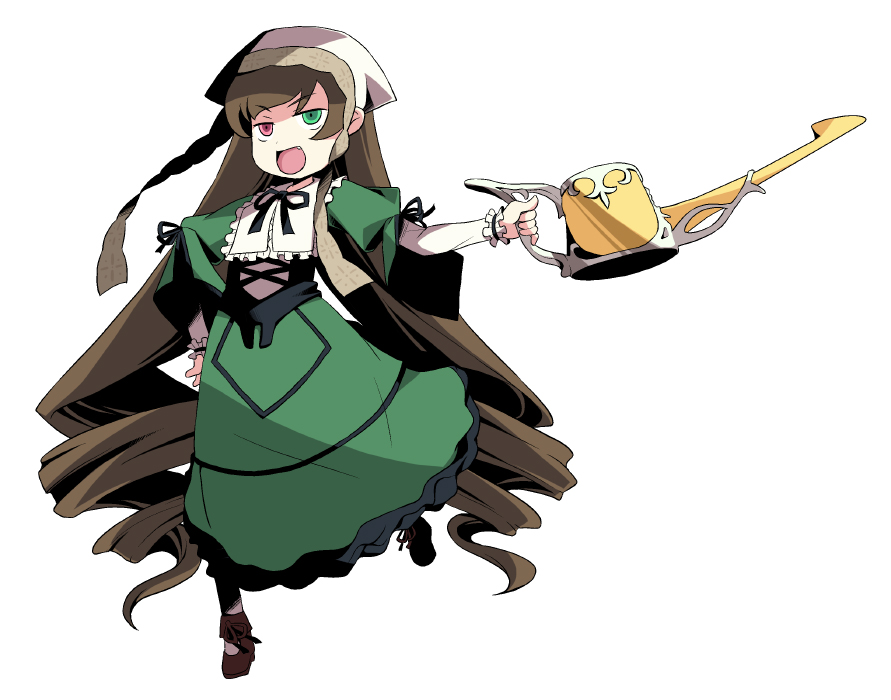 mai (artist), mai (maittingu), suiseiseki, atlus, etrian odyssey, rozen maiden, brown hair, dress, fang, frills, hairband, headscarf, heterochromia, long hair, parody, very long hair, watering can, white headscarf