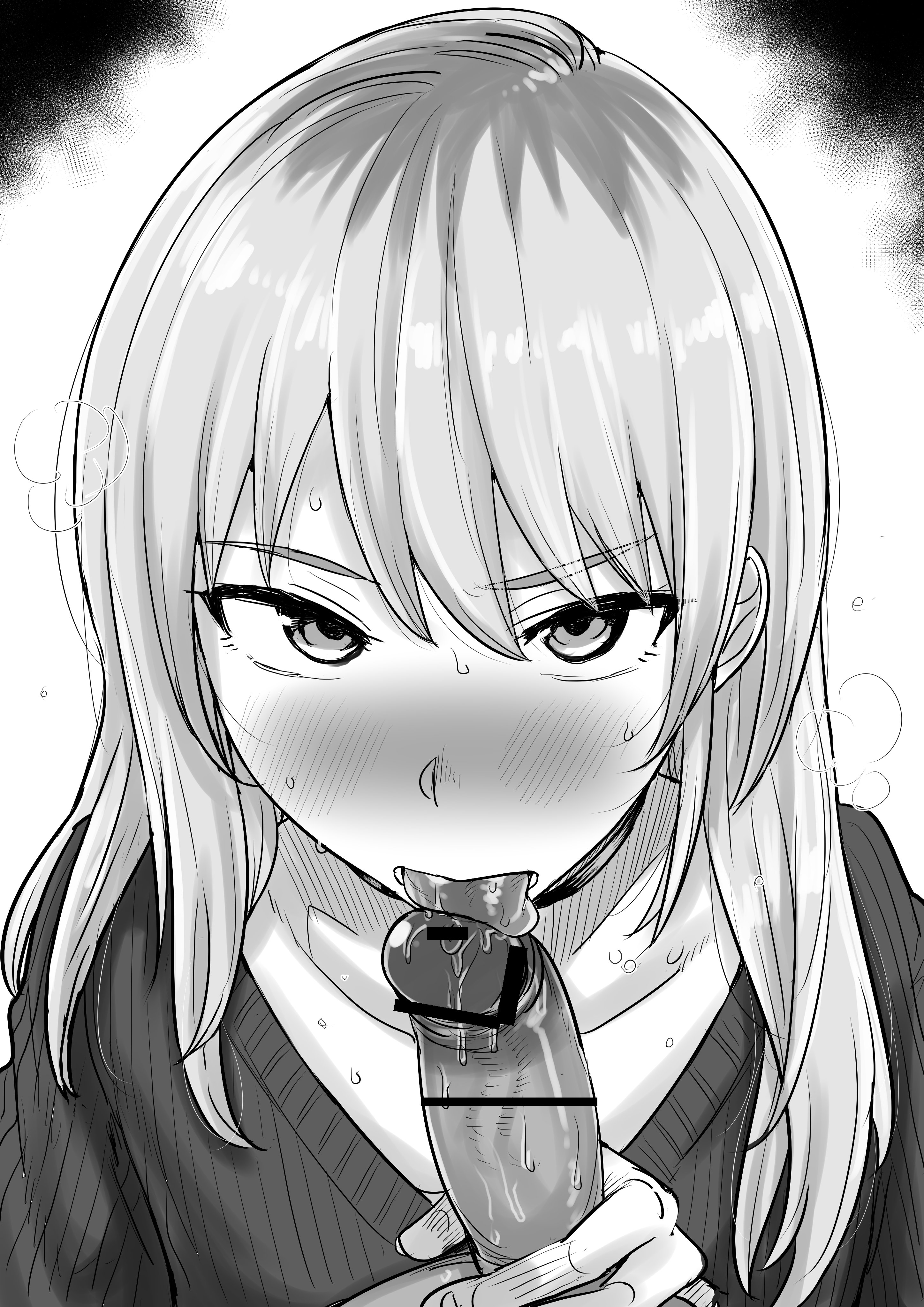 kaiman garupan, kawaragi momoka, girls band cry, absurdres, highres, 1boy, 1girl, bar censor, blush, censored, erection, fellatio, greyscale, hetero, licking, licking penis, long hair, looking at viewer, monochrome, multicolored hair, nose blush, oral, penis, pov, roots (hair), saliva, shirt under sweater, solo focus, sweat, sweater, tongue, tongue out, white background