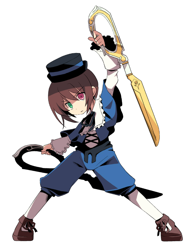 mai (artist), mai (maittingu), bushidou (sekaiju), souseiseki, atlus, etrian odyssey, rozen maiden, brown hair, frills, hat, heterochromia, pantyhose, parody, scissors, short hair, solo