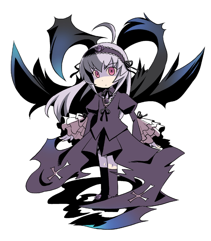 mai (artist), mai (maittingu), curse maker, suigintou, atlus, etrian odyssey, rozen maiden, silver hair, ahoge, boots, dress, frills, hairband, knee boots, long hair, parody, purple eyes, solo, wings