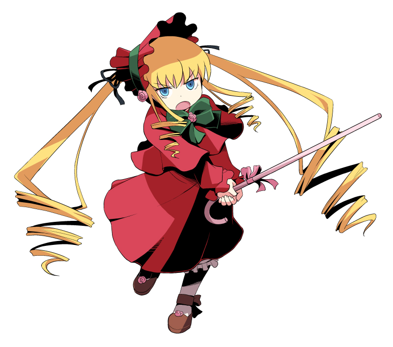 mai (artist), mai (maittingu), gunner (sekaiju), shinku, atlus, etrian odyssey, rozen maiden, blonde hair, blue eyes, bonnet, cane, dress, drill hair, long hair, parody, solo, twintails, very long hair