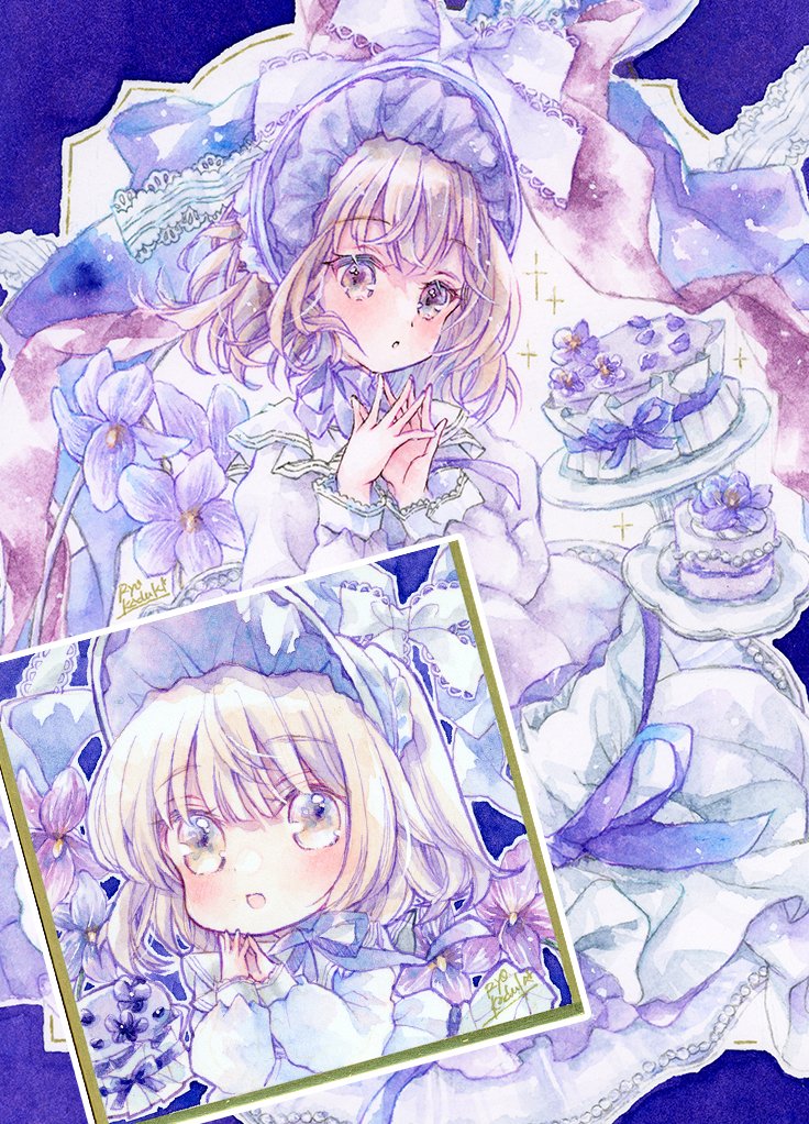 original, painting (medium), traditional media, watercolor (medium), 1girl, animal ears, blonde hair, cake, food, frilled headband, fruit, inset, long hair, maid headdress, rabbit ears, red eyes, ryo twinheart, solo, watermark
