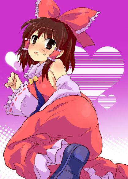 shige, hakurei reimu, subterranean animism, touhou, 1girl, blush, female focus, gradient background, halftone, halftone background, looking back, solo, white background