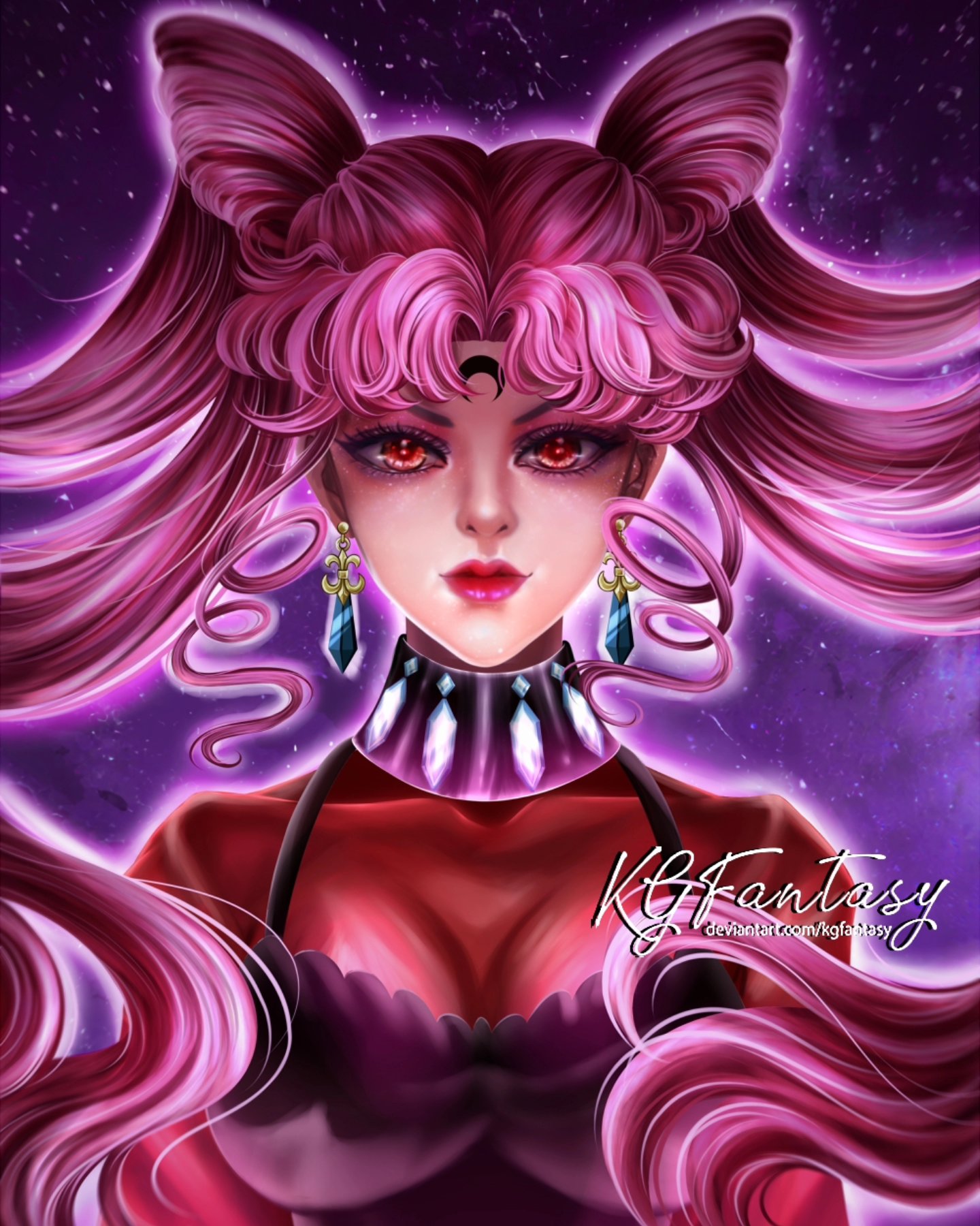 k.g.fantasy, black lady (sailor moon), bishoujo senshi sailor moon, highres, 1girl, aged up, black dress, black eyeliner, breasts, cleavage, collarbone, cone hair bun, crescent, crescent facial mark, crystal earrings, dark persona, double bun, dress, earrings, eyeliner, eyeshadow, facial mark, forehead mark, hair bun, jewelry, long hair, looking at viewer, makeup, pink eyeshadow, pink hair, pink sailor collar, red eyes, red lips, sailor collar, see-through clothes, smile, solo, twintails, very long hair