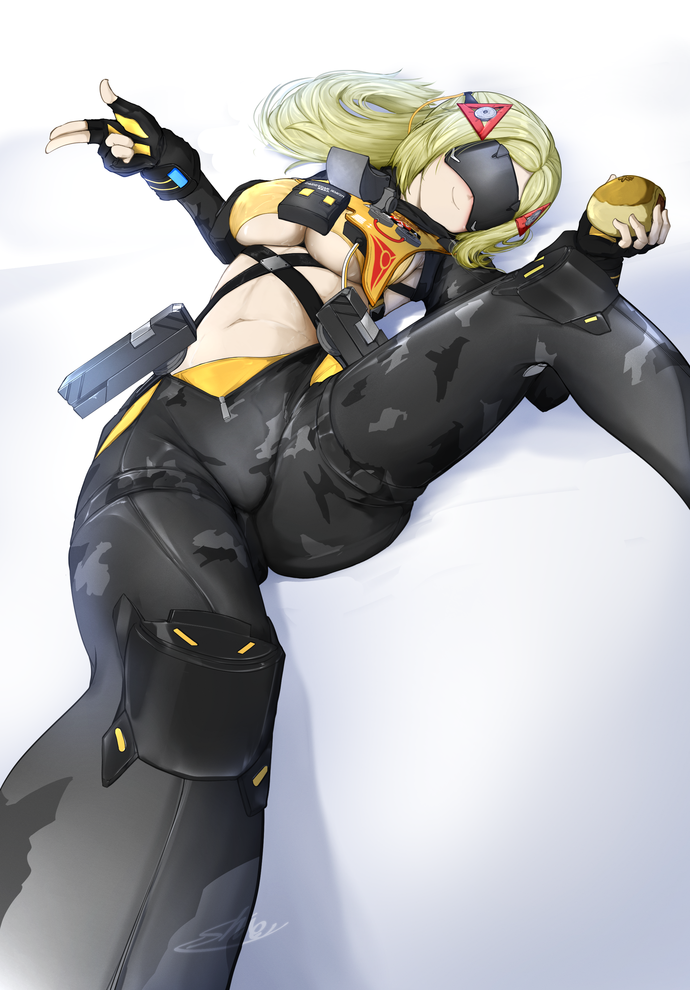 itanase, trigger (zenless zone zero), zenless zone zero, absurdres, commentary, highres, 1girl, black gloves, black pants, black shrug, blindfold, blonde hair, bread, breasts, camouflage, camouflage jacket, camouflage pants, closed mouth, covered eyes, eye mask, finger gun, fingerless gloves, food, gloves, hair ornament, holding, holding food, jacket, large breasts, long hair, lying, navel, on back, pants, parted bangs, ponytail, pouch, shadow, shrug (clothing), sidelocks, signature, smile, solo, stomach, tight clothes, tight pants, triangle hair ornament, underboob, zipper pull tab