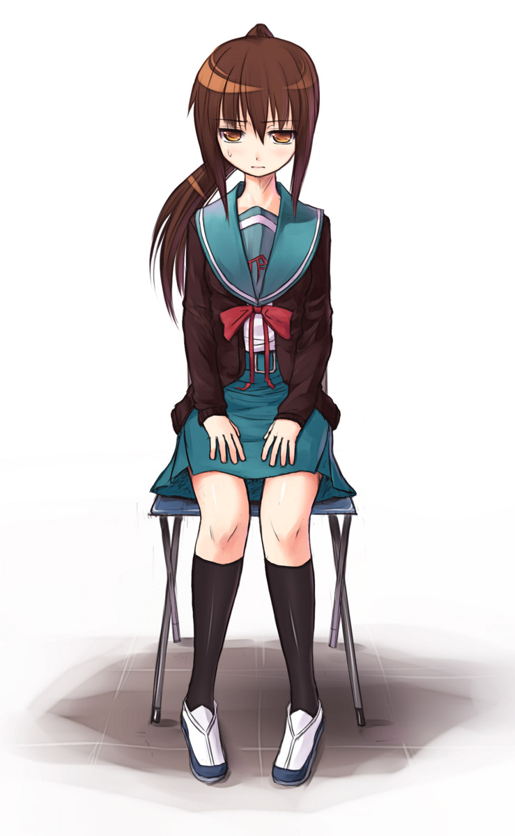 kakaon, kyonko, suzumiya haruhi no yuuutsu, bad id, bad pixiv id, highres, 00s, 1girl, brown hair, female focus, genderswap, genderswap (mtf), long hair, orange eyes, ponytail, school uniform, serafuku, sitting, skirt, socks, solo, sweatdrop