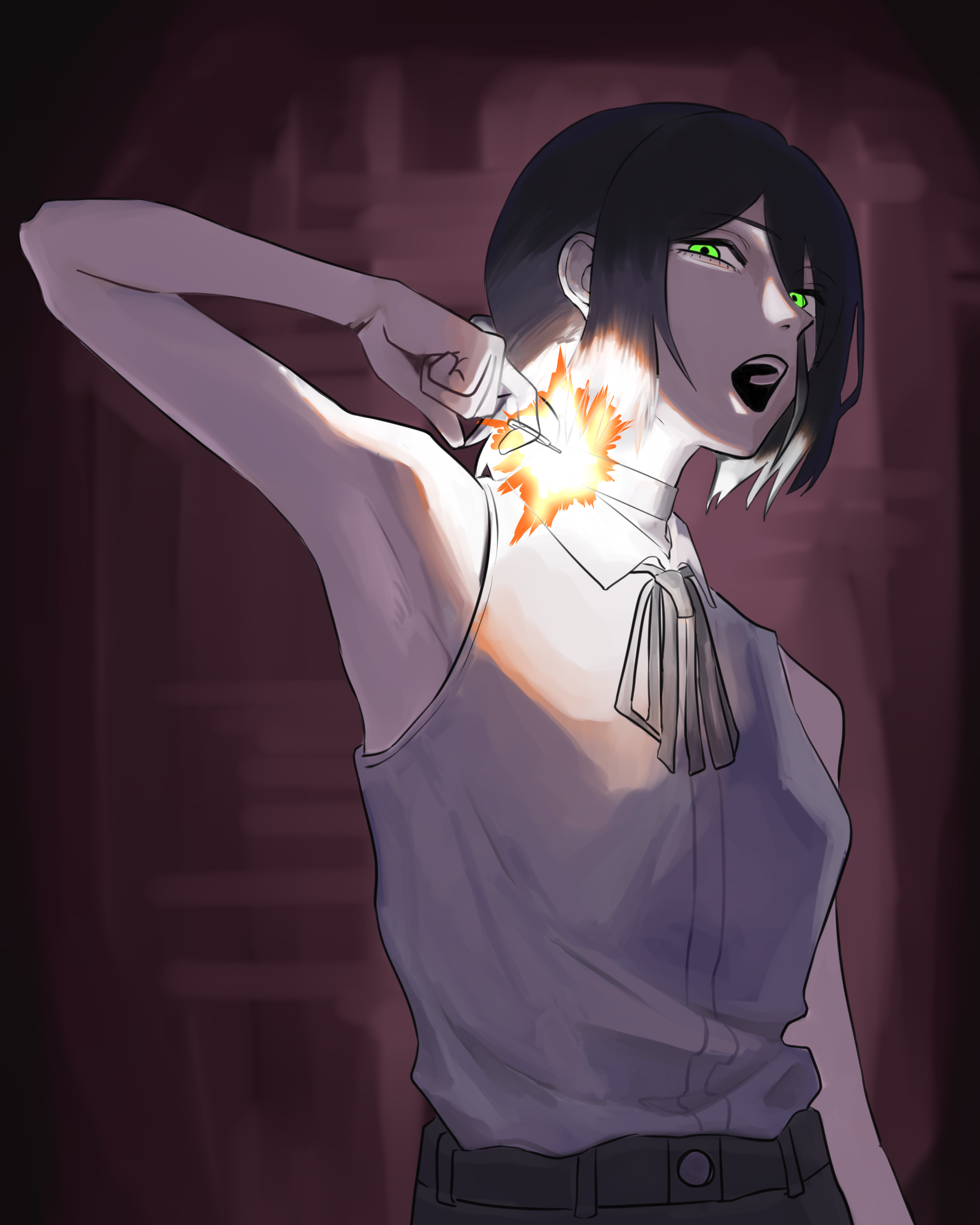 reze (chainsaw man), chainsaw man, absurdres, highres, 1girl, arm up, armpits, black hair, choker, green eyes, grey choker, grey ribbon, grey shirt, imminent explosion, neck ribbon, open mouth, ribbon, shirt, shirt tucked in, sleeveless, sleeveless shirt, solo, teeth, tenri aoi, upper teeth only