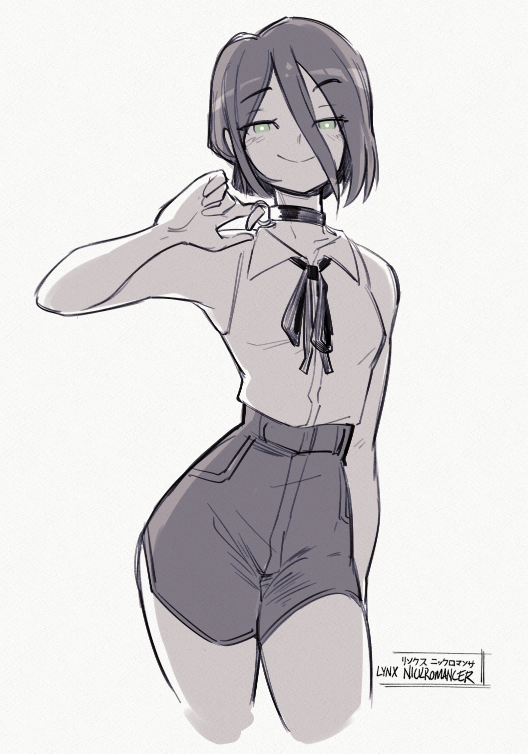 cheesecakes by lynx, reze (chainsaw man), chainsaw man, highres, 1girl, choker, closed mouth, collared shirt, green eyes, greyscale, hair between eyes, looking at viewer, monochrome, neck ribbon, ribbon, shirt, shirt tucked in, shorts, sleeveless, sleeveless shirt, smile, solo, spot color
