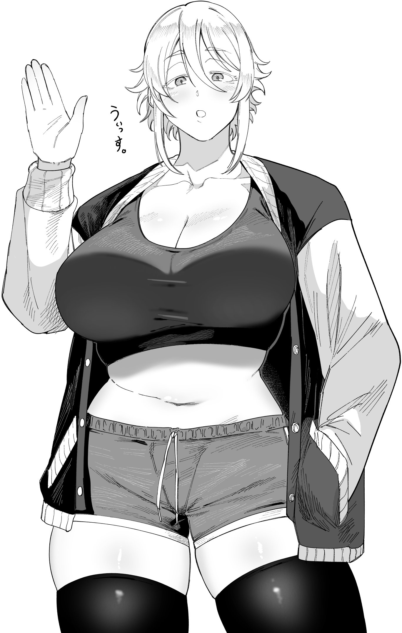 shimizu ginkaku, original, commentary request, highres, translation request, 1girl, breasts, cleavage, collarbone, cowboy shot, greyscale, hand in pocket, hand up, jacket, large breasts, looking at viewer, midriff, monochrome, navel, open clothes, open jacket, open mouth, short hair, shorts, sidelocks, simple background, solo, sports bra, thighhighs, waving, white background