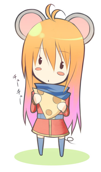 kaka, kakaon, bad id, bad pixiv id, animal ears, blush, cheese, chibi, food, mouse ears, solo