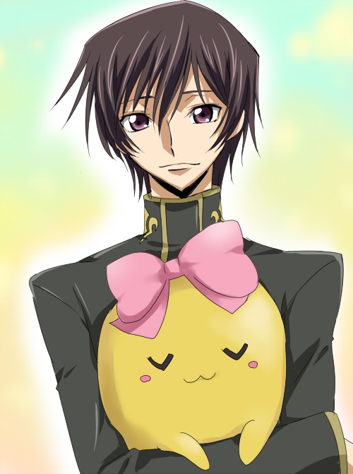 maruki (punchiki), cheese-kun, lelouch vi britannia, code geass, pizza hut, bad id, bad pixiv id, 00s, 1boy, brown hair, looking at viewer, male focus, purple eyes, school uniform, short hair, smile, solo