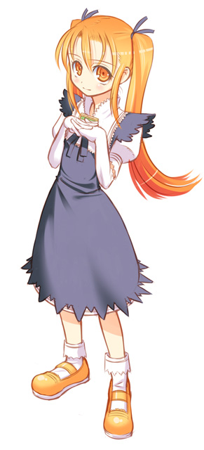 kakaon, aliese martini, summon night, summon night 3, bad id, bad pixiv id, 1girl, dress, elbow gloves, female focus, full body, gloves, long hair, matching hair/eyes, orange eyes, orange hair, simple background, solo, twintails
