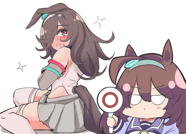 kawamochi (tddm3573), mihono bourbon (mb-19890425) (umamusume), mihono bourbon (umamusume), rice shower (umamusume), umamusume, 2girls, animal ears, bare shoulders, blush, bow, brown hair, clothing cutout, cosplay, ears down, grey skirt, hair between eyes, hair over one eye, holding, horse ears, horse girl, horse tail, leotard, long sleeves, mihono bourbon (umamusume) (cosplay), multiple girls, nose blush, parted lips, pleated skirt, puffy long sleeves, puffy sleeves, purple shirt, red eyes, school uniform, scorecard, shadow, shirt, simple background, sitting, skirt, sparkle, tail, tail through clothes, tears, thighhighs, tracen school uniform, v-shaped eyebrows, wavy mouth, white background, white bow, white leotard, white thighhighs