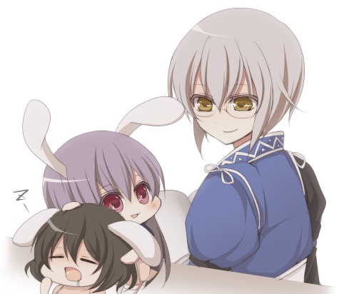 yuki miya, yuki yuki, inaba tewi, morichika rinnosuke, reisen udongein inaba, touhou, lowres, 1boy, 2girls, animal ears, chibi, hug, multiple girls, rabbit ears, red eyes, saliva, sleepy, smile, yellow eyes