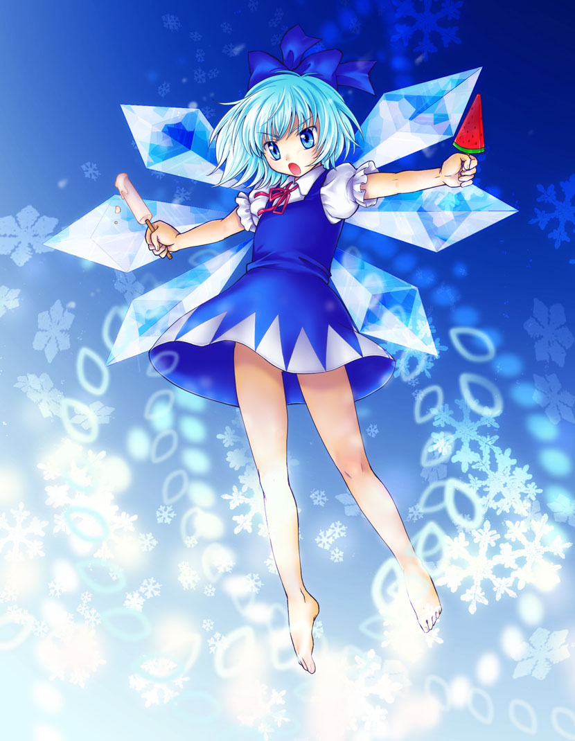 yukiha, cirno, embodiment of scarlet devil, touhou, 1girl, barefoot, blue eyes, blue hair, dress, feet, female focus, flying, food, fruit, full body, gradient background, ice cream, matching hair/eyes, popsicle, snowflakes, solo, watermelon, watermelon bar, wings
