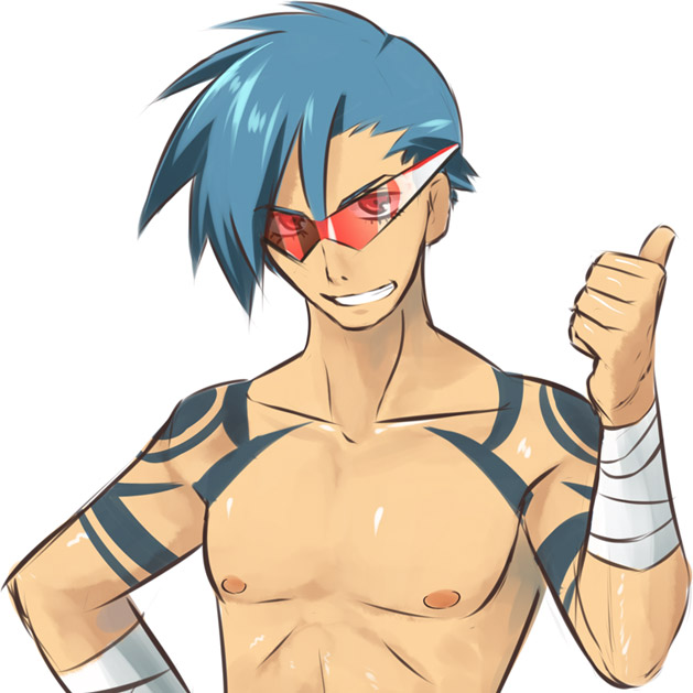 kakaon, kamina (ttgl), tengen toppa gurren lagann, bad id, bad pixiv id, 00s, 1boy, bandages, blue hair, bodypaint, glasses, kamina shades, male focus, red eyes, simple background, solo, sunglasses, thumbs up, topless male, triangular eyewear, upper body, white background