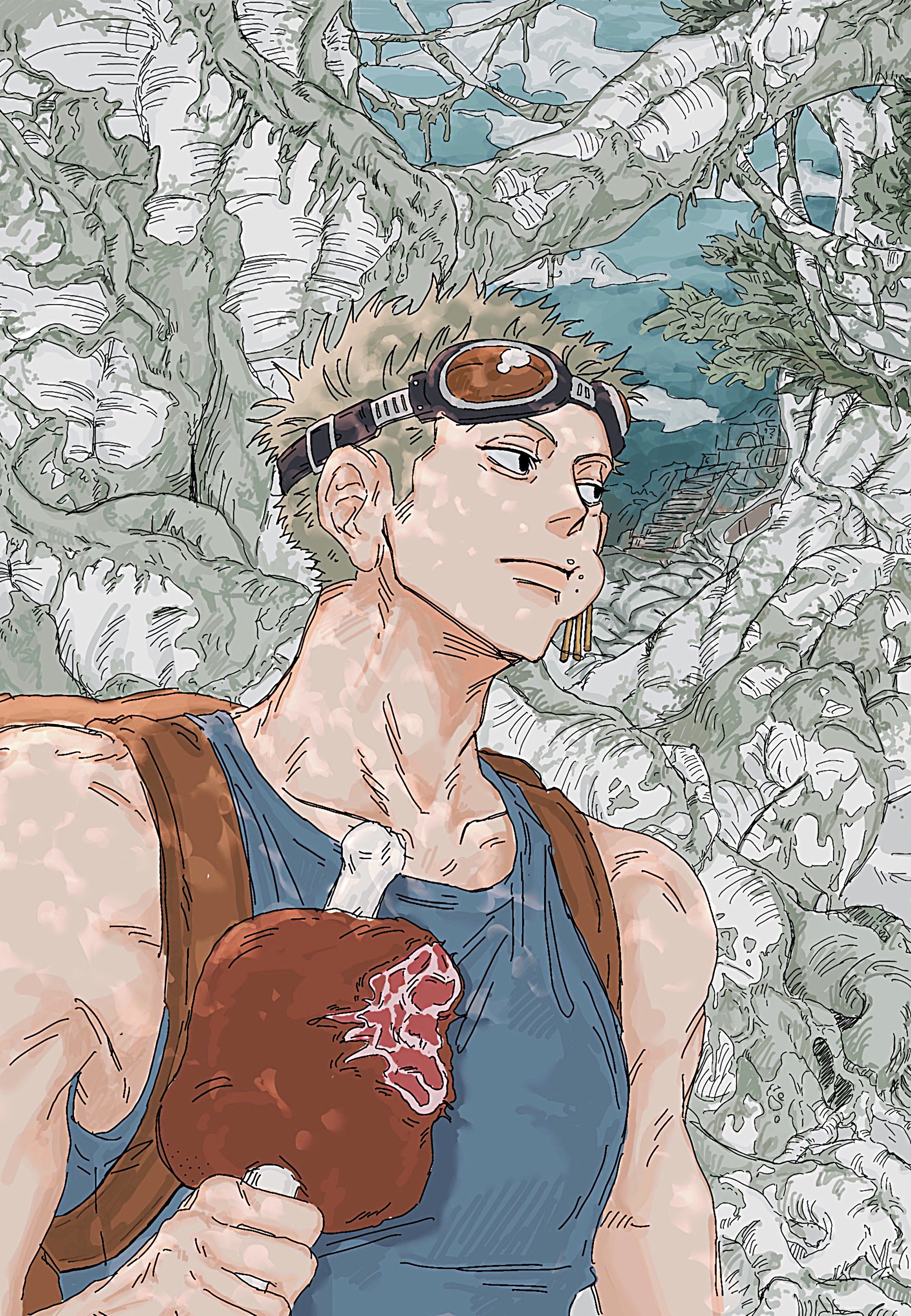 roronoa zoro, one piece, absurdres, highres, 1boy, adam's apple, blue tank top, boned meat, branch, chewing, collarbone, earrings, food, food on face, goggles, goggles on head, jewelry, jungle, male focus, meat, moss, muka 111, nature, overgrown, pyramid (structure), short hair, sideburns, solo, tank top, upper body