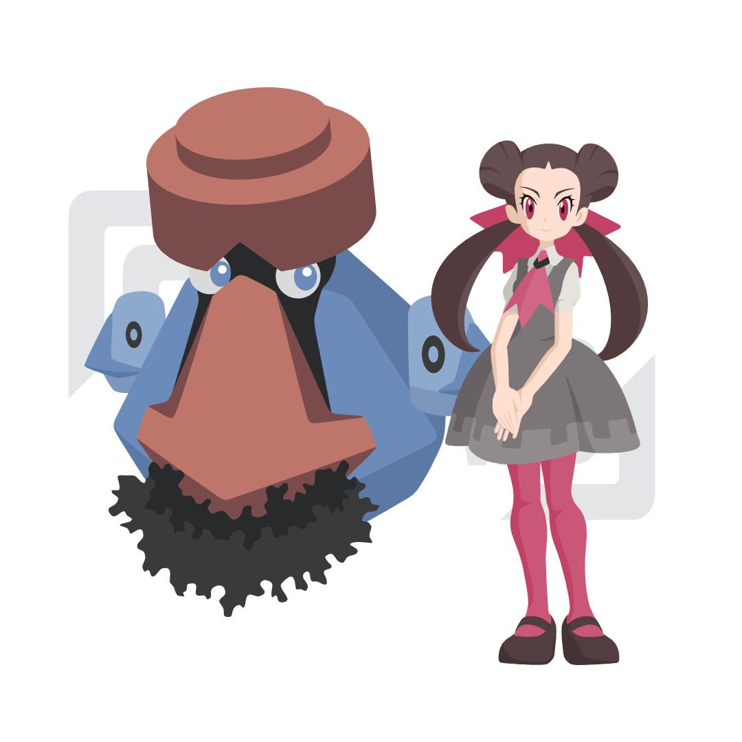 probopass, roxanne (pokemon), nintendo, pokemon, pokemon oras, commentary, 1girl, black shoes, blue eyes, bright pupils, brown hair, cjoewd, closed mouth, dress, eyelashes, facial hair, flat color, full body, gen 4 pokemon, grey dress, hair ribbon, long hair, no lineart, own hands together, pantyhose, pink eyes, pink pantyhose, pink ribbon, pokemon (creature), red nose, ribbon, shoes, short hair, short sleeves, smile, standing, twintails, white pupils