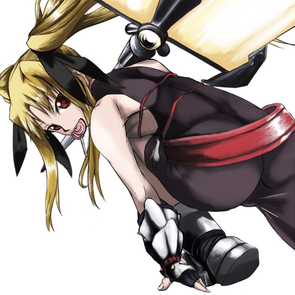 ankoku emu shougun, bardiche (nanoha), bardiche (zanber form) (nanoha), fate testarossa, fate testarossa (sonic form), lyrical nanoha, mahou shoujo lyrical nanoha, 00s, blonde hair, candy, energy sword, food, hair ribbon, lollipop, long hair, red eyes, ribbon, solo, swirl lollipop, sword, weapon