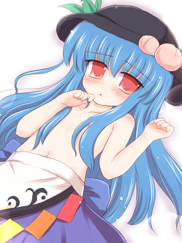 ry (yagoyago), hinanawi tenshi, touhou, 1girl, female focus, flat chest, loli, nipples, solo, topless female