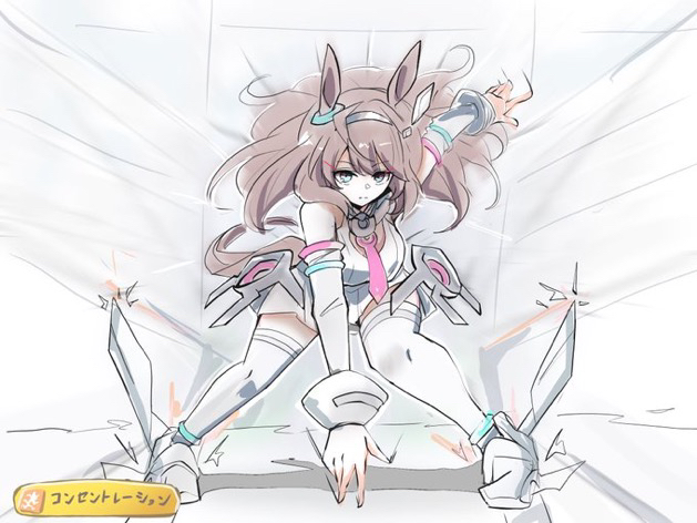 kawamochi (tddm3573), mihono bourbon (mb-19890425) (umamusume), mihono bourbon (umamusume), umamusume, translation request, 1girl, ahoge, animal ears, arm up, blue eyes, breasts, brown hair, closed mouth, detached sleeves, full body, gameplay mechanics, grey hairband, grey skirt, hairband, horse ears, horse girl, horse tail, leotard, long hair, long sleeves, looking at viewer, medium breasts, pleated skirt, skirt, solo, standing, tail, thighhighs, v-shaped eyebrows, very long hair, white leotard, white sleeves, white thighhighs