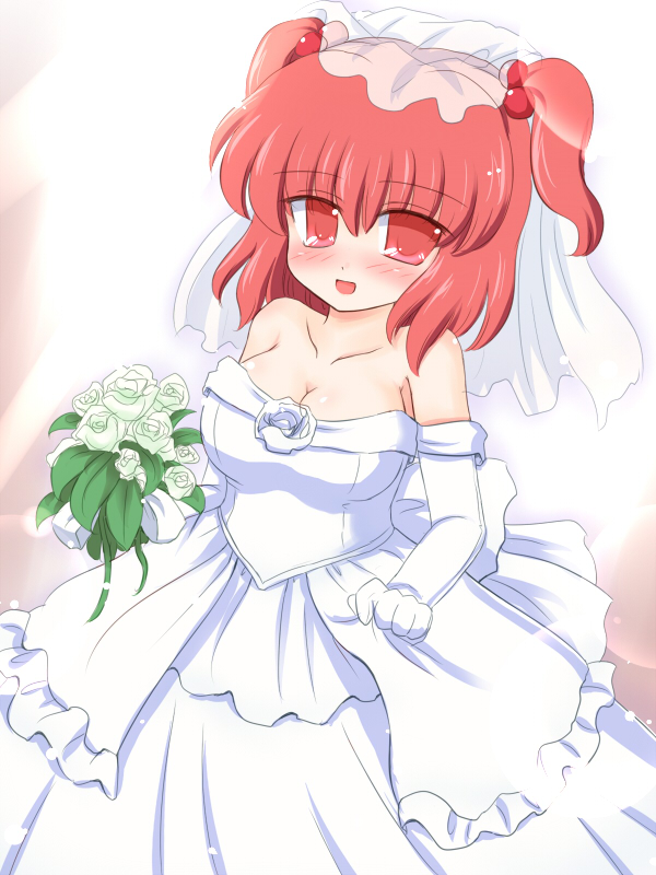 ry (yagoyago), onozuka komachi, touhou, 1girl, alternate costume, blush, breasts, bride, cleavage, collarbone, dress, female focus, flower, gloves, hair bobbles, hair ornament, medium breasts, red eyes, red hair, short twintails, solo, twintails, two side up, wedding dress
