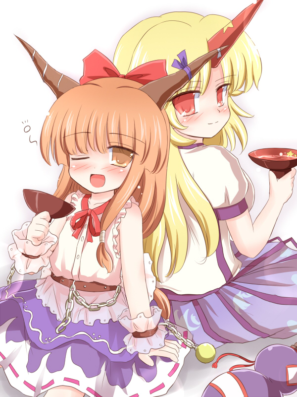 ry (yagoyago), hoshiguma yuugi, ibuki suika, touhou, 2girls, alcohol, belt, blonde hair, blush, bottle, bow, breasts, buttons, chain, cup, drunk, eyes visible through hair, female focus, flat chest, fringe trim, hair bow, horn ornament, horn ribbon, horns, large breasts, long hair, looking back, multiple girls, neck ribbon, one eye closed, open mouth, orange eyes, orange hair, pink ribbon, puffy short sleeves, puffy sleeves, red bow, red eyes, red ribbon, ribbon, ribbon-trimmed skirt, ribbon trim, sakazuki, sake, shirt, short sleeves, single horn, skirt, skirt set, sleeveless, sleeveless shirt, star (symbol), white background, white shirt, wink, wrist cuffs