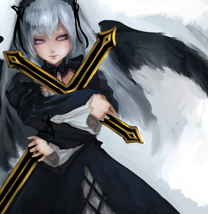 asanuma, suigintou, rozen maiden, silver hair, bad id, bad pixiv id, 00s, cross, dress, hairband, purple eyes, solo, wings