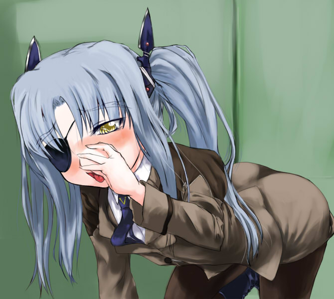 ankoku emu shougun, cinque (nanoha), numbers (nanoha), lyrical nanoha, mahou shoujo lyrical nanoha, mahou shoujo lyrical nanoha strikers, 00s, 1girl, blush, eyepatch, female focus, pantyhose, solo, yellow eyes