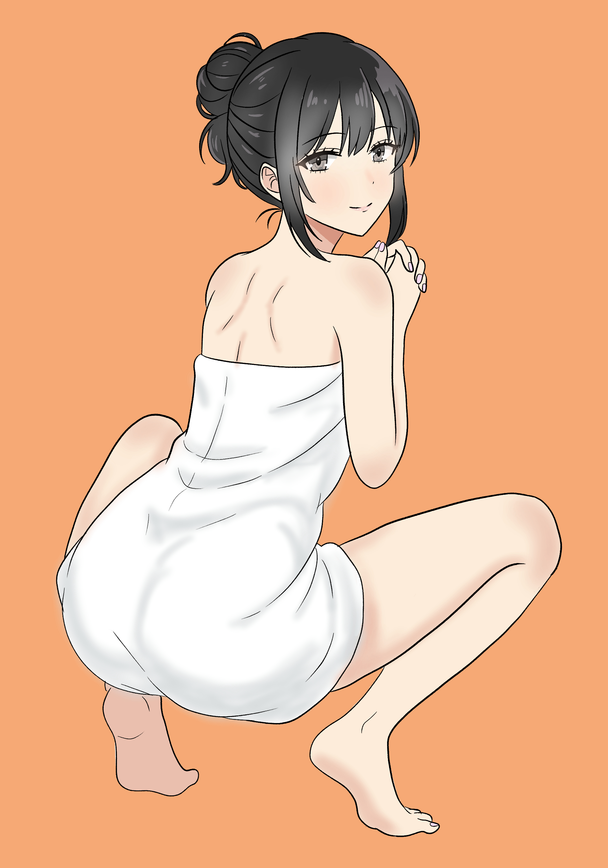 original, absurdres, highres, 1girl, ass, back, bare shoulders, black eyes, black hair, hair bun, light smile, looking at viewer, looking back, naked towel, own hands together, pear-shaped figure, rakuo cafeaulait, simple background, solo, squatting, thighs, tiptoes, toes, towel, wide hips