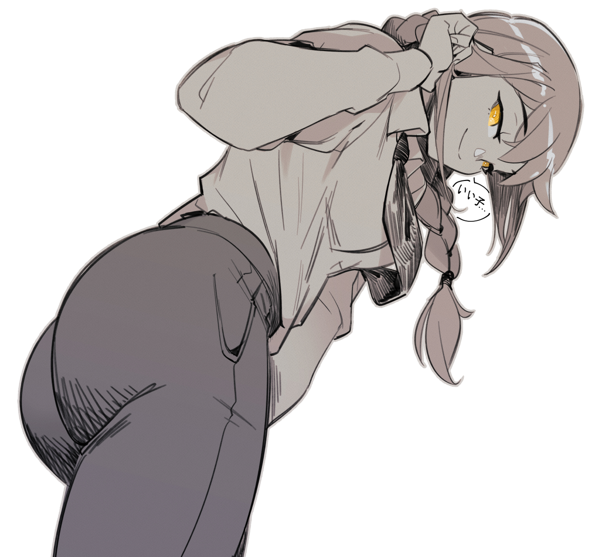 cheesecakes by lynx, makima (chainsaw man), chainsaw man, translation request, 1girl, ass, braid, closed mouth, collared shirt, greyscale, long sleeves, monochrome, pants, shirt, smile, solo, spot color, yellow eyes