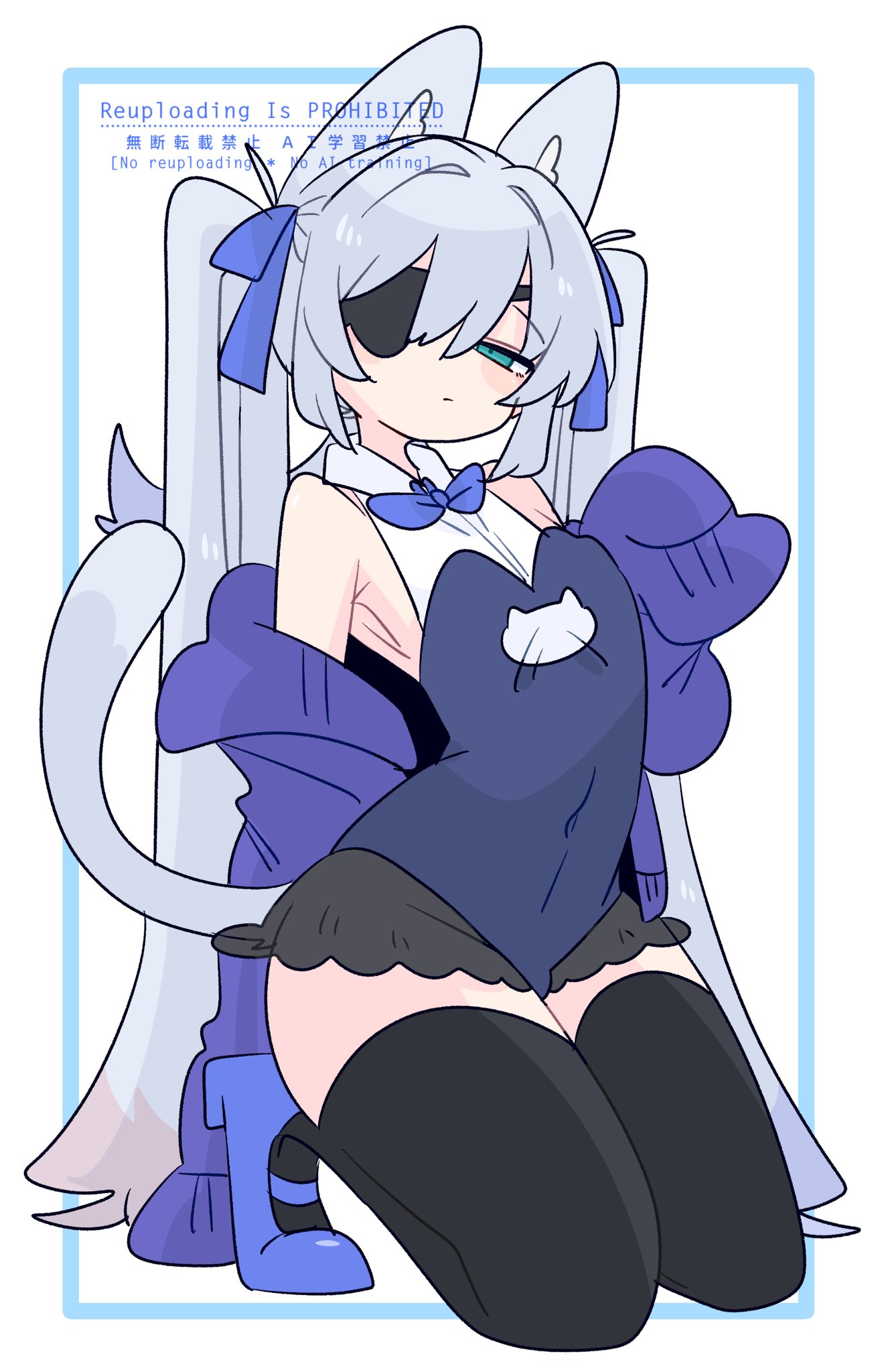 op na yarou, original, commentary, highres, 1boy, :/, animal ear fluff, animal ears, bare shoulders, black leotard, black thighhighs, blue bow, blue bowtie, blue cardigan, blue eyes, blue hair, blue shoes, bow, bowtie, bulge, cardigan, cat boy, cat ears, cat tail, closed mouth, collarbone, colored tips, covered navel, crossdressing, crossdressing (mtf), expressionless, eyepatch, flipped hair, full body, hair between eyes, hair bow, hair intakes, hand up, high heels, kneeling, leotard, light blush, long hair, long sleeves, looking at viewer, male focus, multicolored hair, narrowed eyes, no nose, off shoulder, one eye covered, open cardigan, open clothes, quad tails, raised eyebrows, red hair, rigel (op na yarou), shoes, sidelocks, simple background, sleeves past fingers, sleeves past wrists, solo, straight hair, tail, thighhighs, thighs, trap, very long hair, watermark, white background, white hair