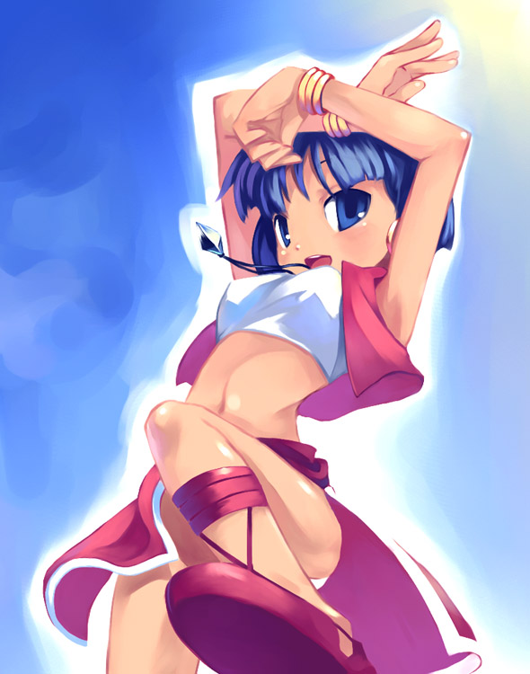 mikage sekizai, nadia la arwall, fushigi no umi no nadia, 1990s (style), 1girl, ankle lace-up, armpits, arms up, bandeau, blue eyes, blue hair, earrings, female focus, from below, jewelry, loincloth, matching hair/eyes, midriff, necklace, pelvic curtain, retro artstyle, sandals, short hair, sky, smile, solo, strapless, sun, tube top, vest