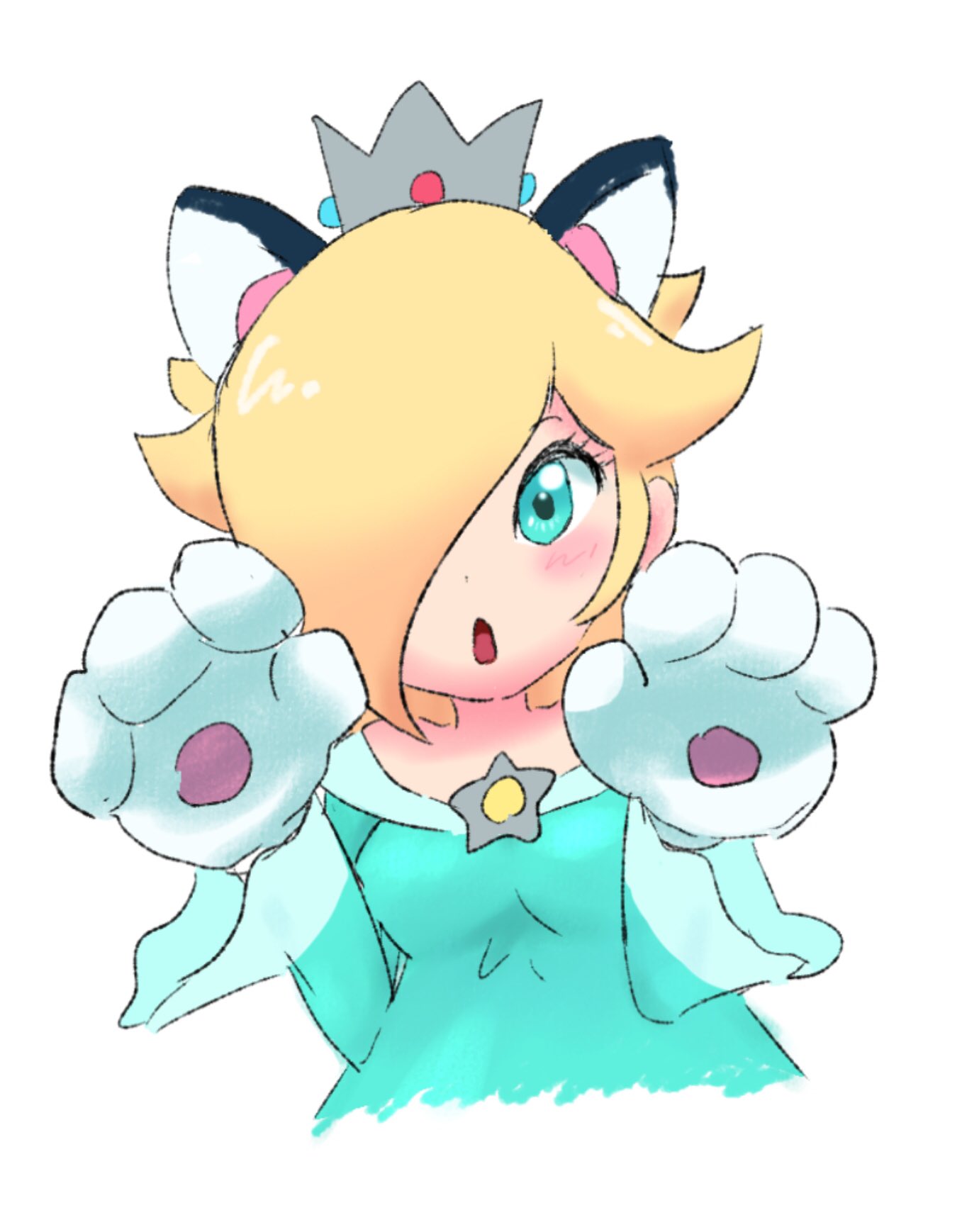 yyouauo33, rosalina, mario (series), nintendo, highres, 1girl, :o, animal ears, animal hands, blonde hair, blue dress, blue eyes, blush, brooch, cat ears, crown, dress, fake animal ears, gloves, hair over one eye, jewelry, long sleeves, looking at viewer, open mouth, paw gloves, solo, star brooch, upper body, white background