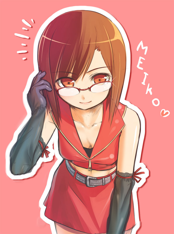 kakaon, meiko (vocaloid), vocaloid, bad id, bad pixiv id, 1girl, adjusting hair, bespectacled, brown eyes, brown hair, elbow gloves, female focus, glasses, gloves, leaning forward, midriff, short hair, simple background, skirt, smile, solo