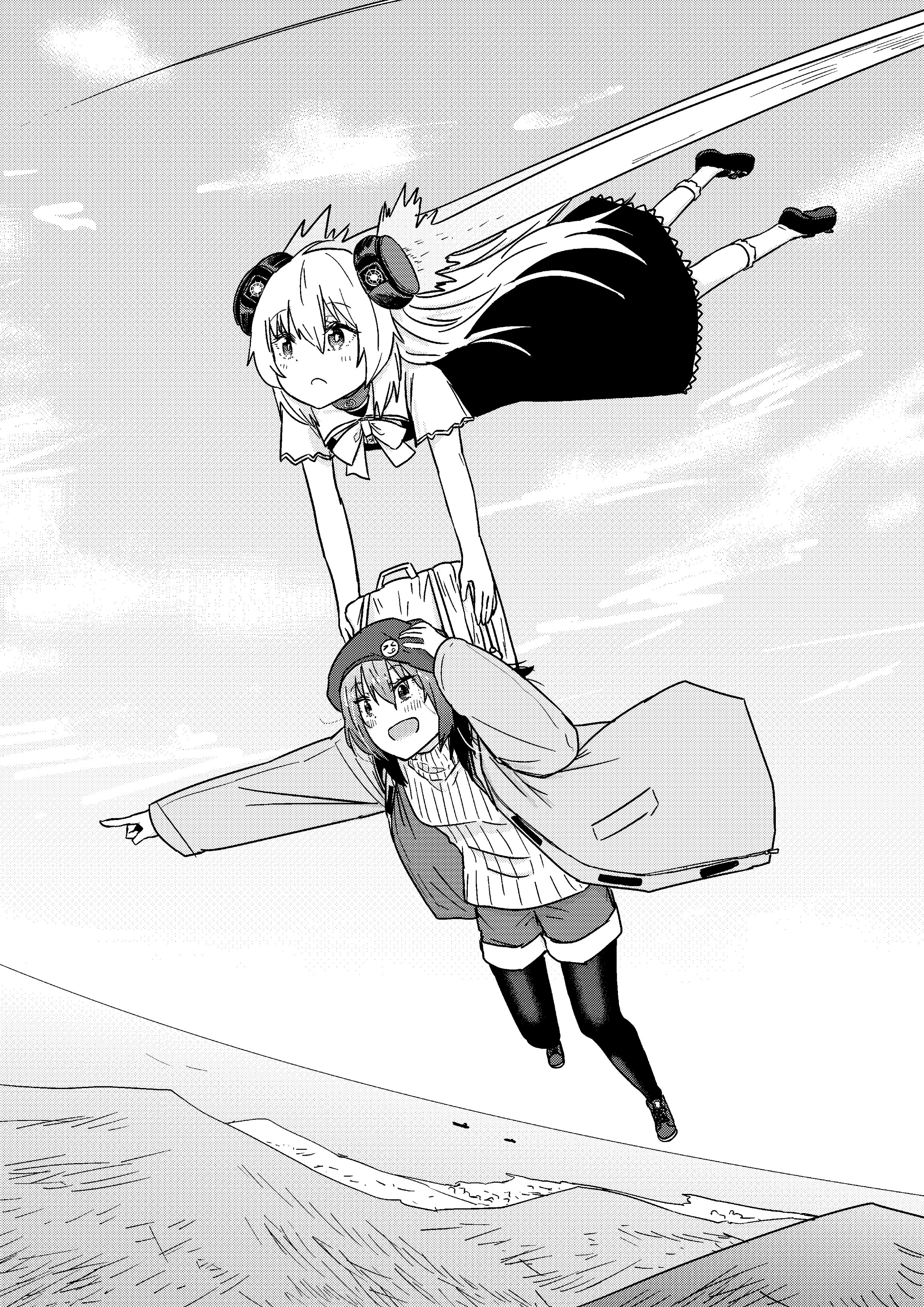 alma (alma-chan wa kazoku ni naritai), suzugamori chika, alma-chan wa kazoku ni naritai, zatsu tabi, 2girls, flying, mountain, multiple girls, tsukishiro hika, voice actor connection