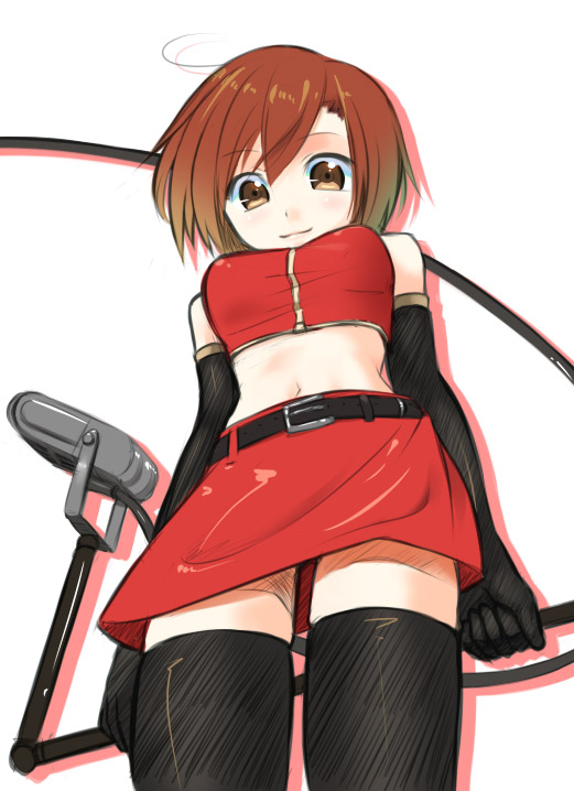 kakaon, meiko (vocaloid), vocaloid, bad id, bad pixiv id, 1girl, belt, breasts, brown eyes, brown hair, elbow gloves, female focus, gloves, midriff, short hair, skirt, solo, thighhighs, zettai ryouiki
