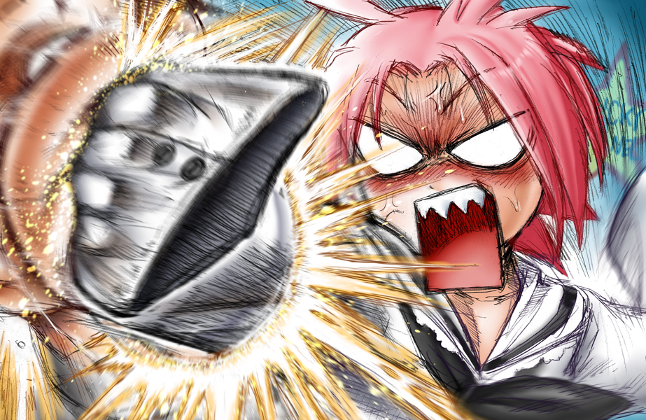 ujiga waita, kogami akira, shiraishi minoru, lucky star, 00s, 1boy, 1girl, angry, face punch, falcon punch, in the face, oversized clothes, pink hair, punching, school uniform, serafuku, sharp teeth, teeth