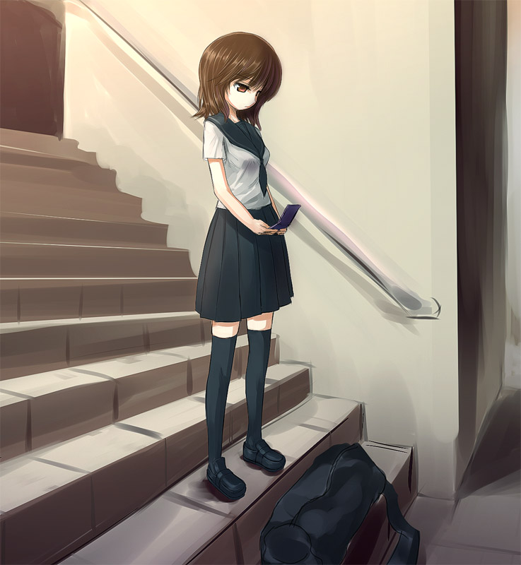 kakaon, original, bad id, bad pixiv id, 1girl, bag, brown eyes, brown hair, cellphone, female focus, kneehighs, phone, school uniform, short hair, skirt, socks, solo, stairs