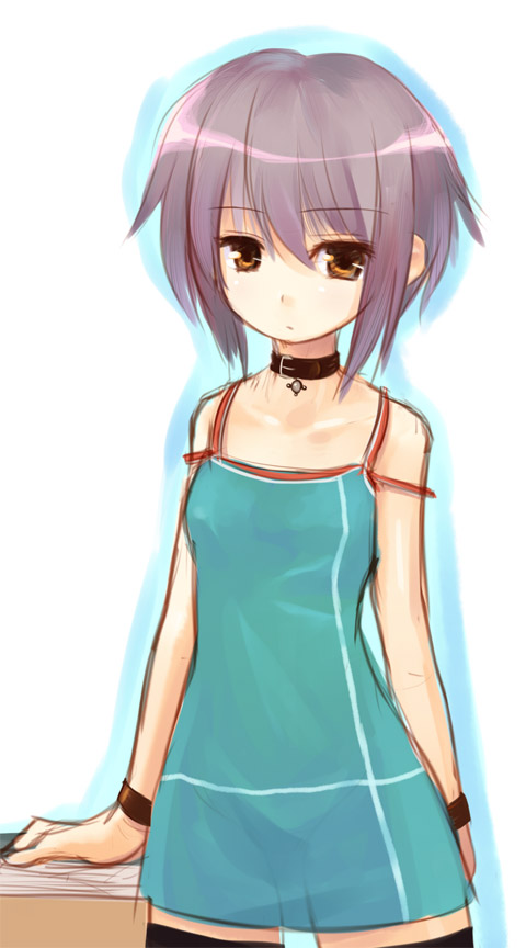 kakaon, nagato yuki, suzumiya haruhi no yuuutsu, bad id, bad pixiv id, 00s, brown eyes, collar, cowboy shot, purple hair, short hair, solo, thighhighs