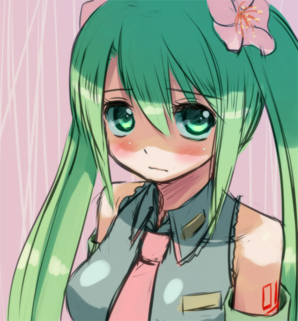 kakaon, hatsune miku, vocaloid, bad id, bad pixiv id, blush, green eyes, green hair, long hair, solo, twintails