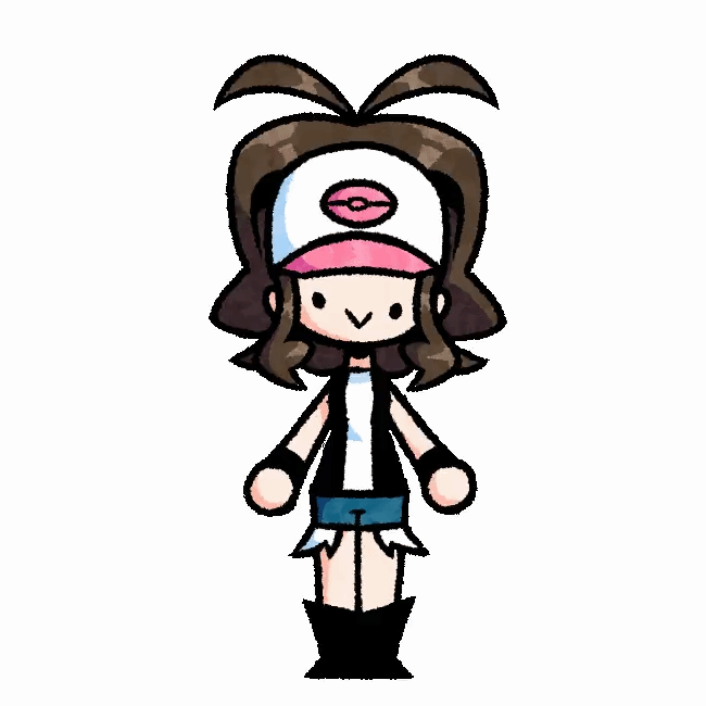 thecappuccino04, hilda (pokemon), nintendo, pokemon, pokemon bw, animated, animated gif, 1girl, :>, bare legs, baseball cap, black vest, blue shorts, breasts, brown hair, denim, denim shorts, full body, hat, high ponytail, looking ahead, multiple views, ponytail, shirt, short shorts, shorts, sidelocks, simple background, small breasts, smile, solo, standing, turnaround, vest, white background, white shirt, wristband