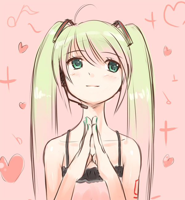 kakaon, hatsune miku, vocaloid, bad id, bad pixiv id, 1girl, blush, female focus, green eyes, green hair, green nails, long hair, matching hair/eyes, nail polish, pink background, solo, twintails